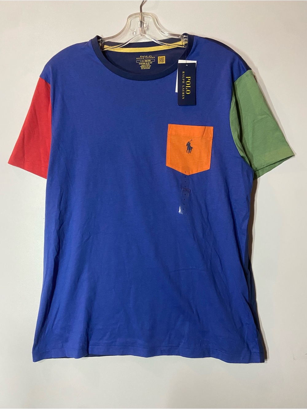 NWT Polo Ralph Lauren Colorblock Pocket Tee - Blue with Orange, Red & Green